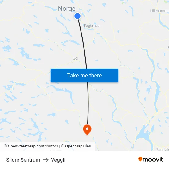Slidre Sentrum to Veggli map
