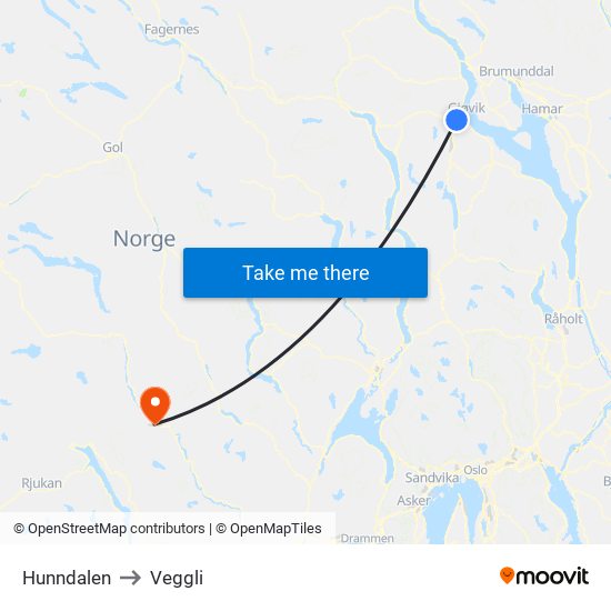 Hunndalen to Veggli map