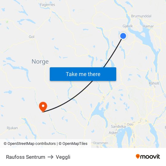 Raufoss Sentrum to Veggli map