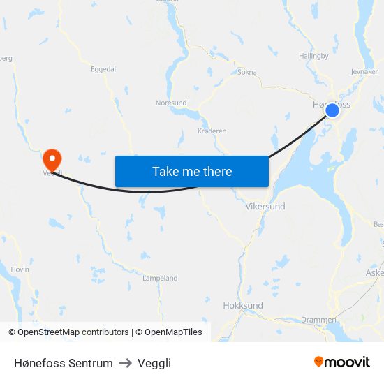 Hønefoss Sentrum to Veggli map