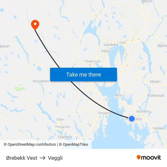 Ørebekk Vest to Veggli map