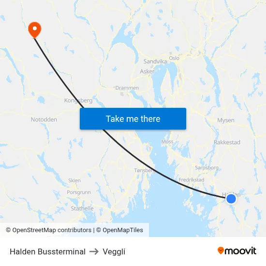 Halden Bussterminal to Veggli map