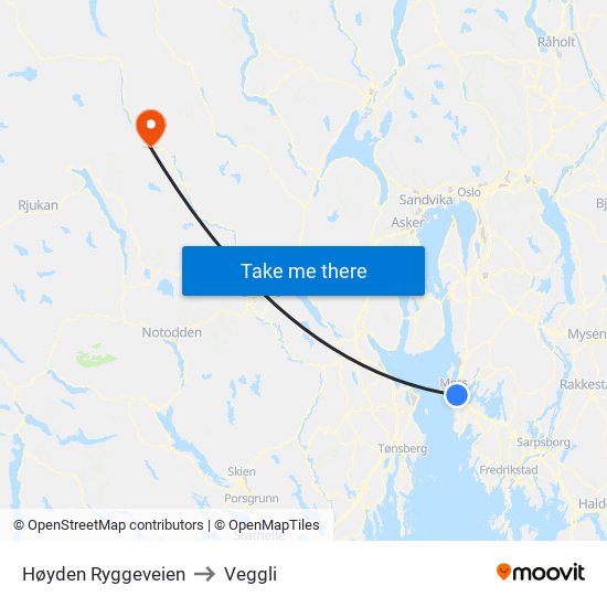 Høyden Ryggeveien to Veggli map