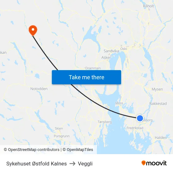 Sykehuset Østfold Kalnes to Veggli map
