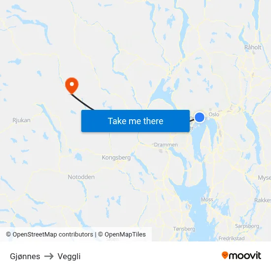 Gjønnes to Veggli map