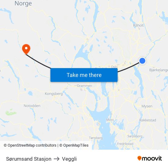 Sørumsand Stasjon to Veggli map