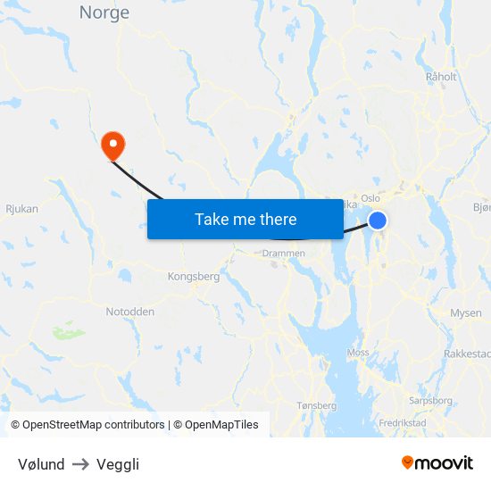 Vølund to Veggli map