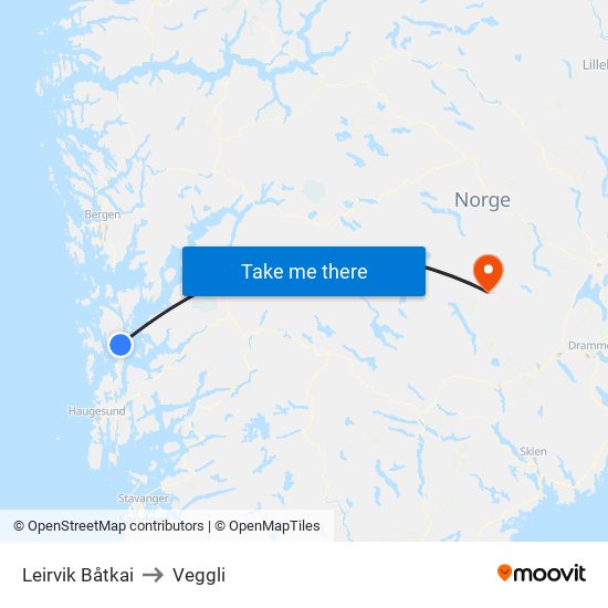 Leirvik Båtkai to Veggli map