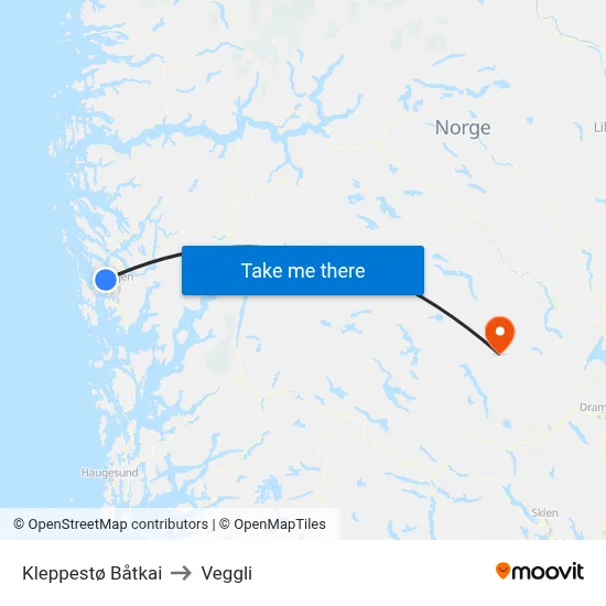 Kleppestø Båtkai to Veggli map