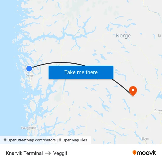 Knarvik Terminal to Veggli map
