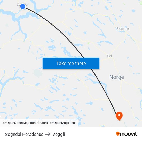 Sogndal Heradshus to Veggli map