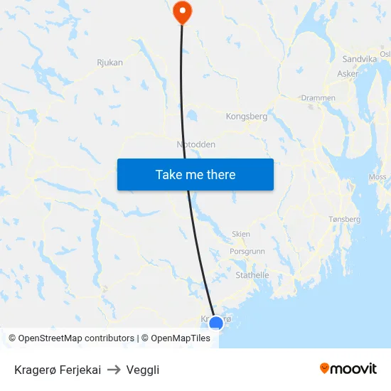 Kragerø Ferjekai to Veggli map