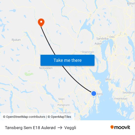 Tønsberg Sem E18 Aulerød to Veggli map