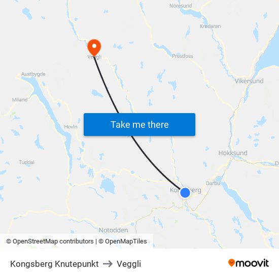 Kongsberg Knutepunkt to Veggli map