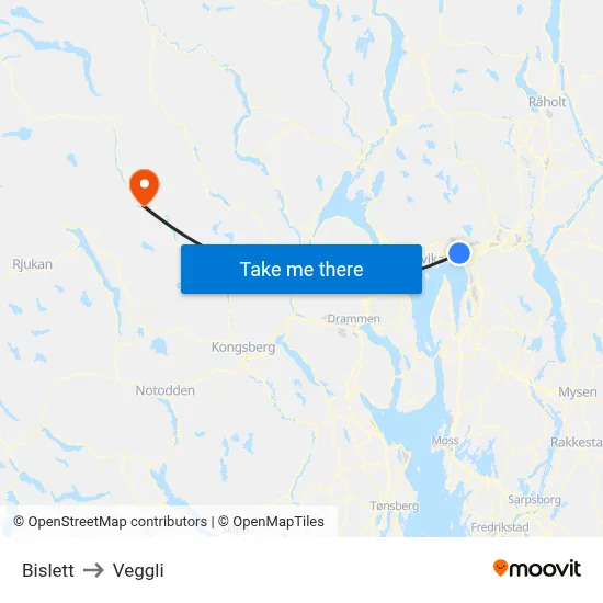 Bislett to Veggli map