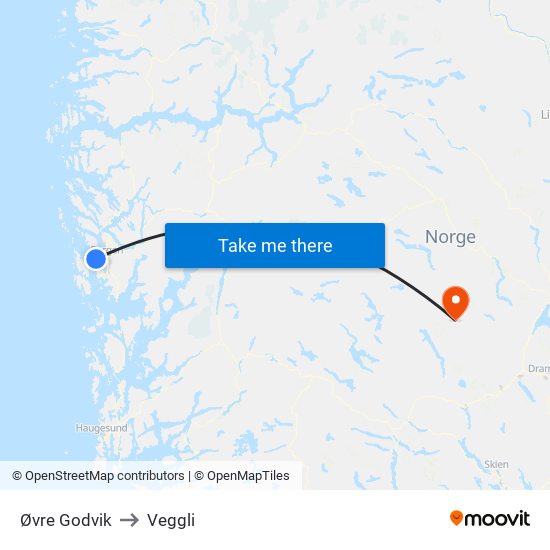 Øvre Godvik to Veggli map