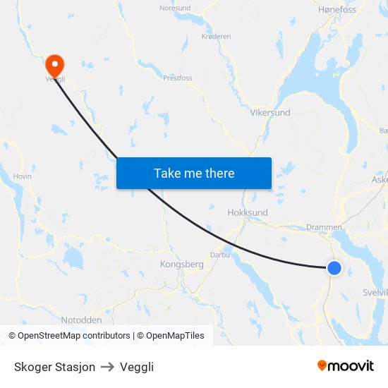 Skoger Stasjon to Veggli map