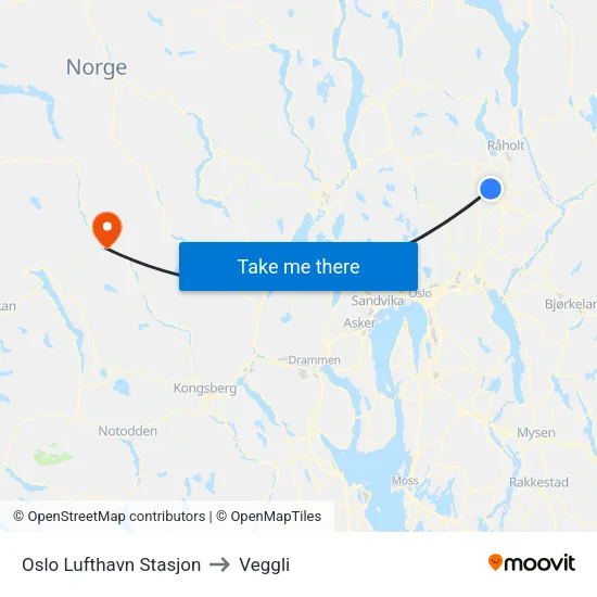 Oslo Lufthavn Stasjon to Veggli map