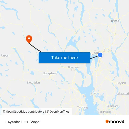 Høyenhall to Veggli map