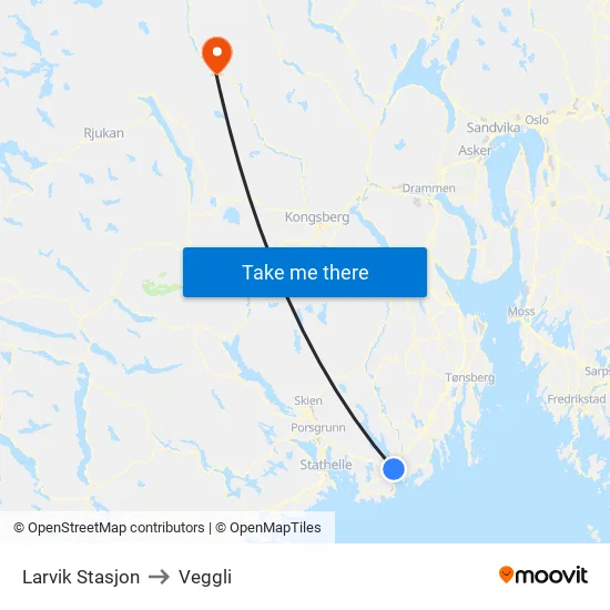 Larvik Stasjon to Veggli map