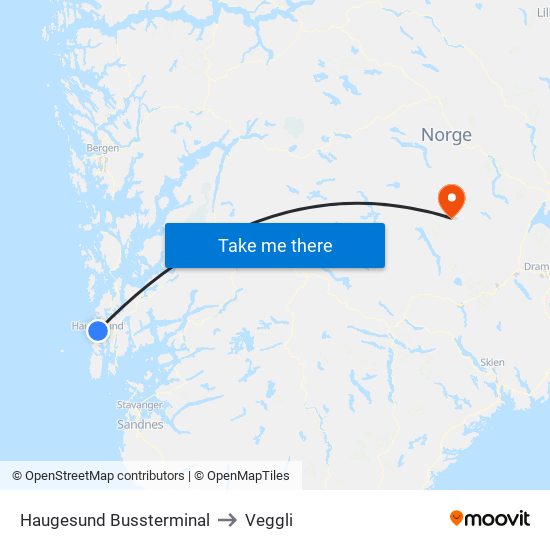 Haugesund Bussterminal to Veggli map