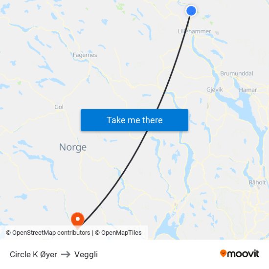 Circle K Øyer to Veggli map