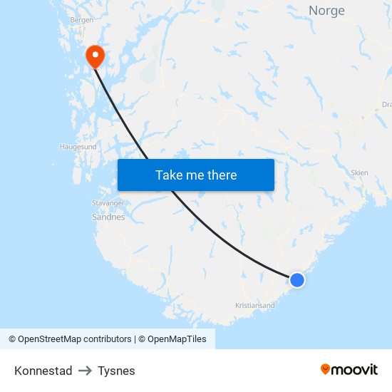 Konnestad to Tysnes map