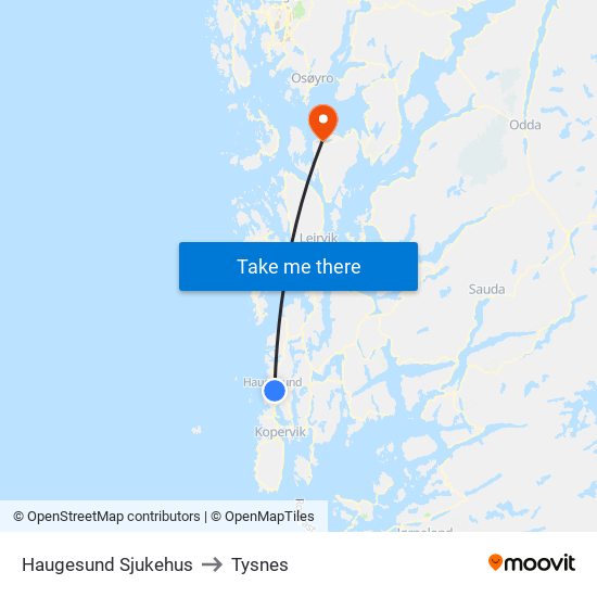 Haugesund Sjukehus to Tysnes map