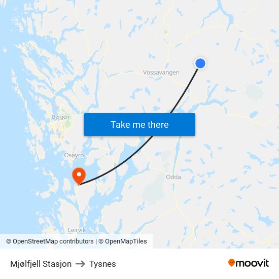 Mjølfjell Stasjon to Tysnes map