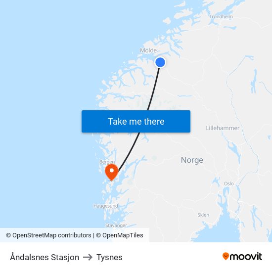 Åndalsnes Stasjon to Tysnes map