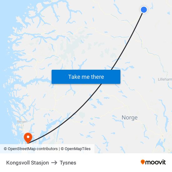 Kongsvoll Stasjon to Tysnes map