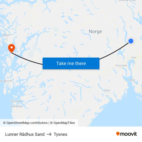 Lunner Rådhus Sand to Tysnes map