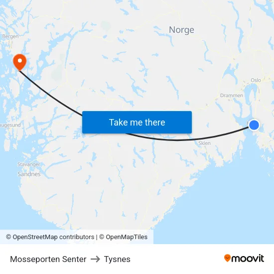 Mosseporten Senter to Tysnes map