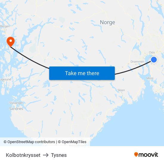 Kolbotnkrysset to Tysnes map