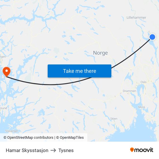 Hamar Skysstasjon to Tysnes map