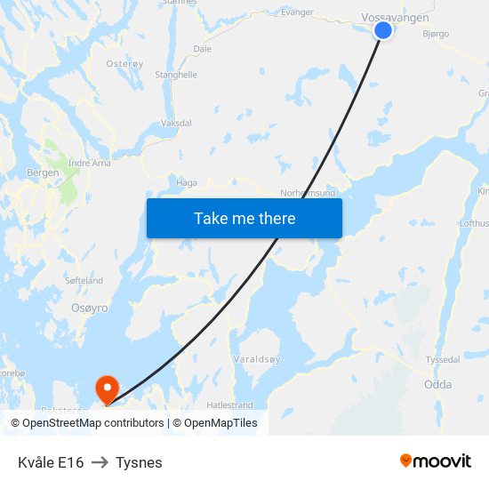 Kvåle E16 to Tysnes map