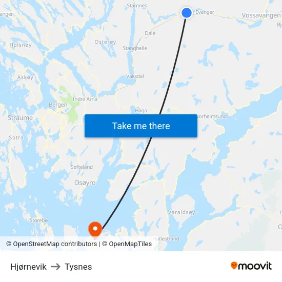Hjørnevik to Tysnes map