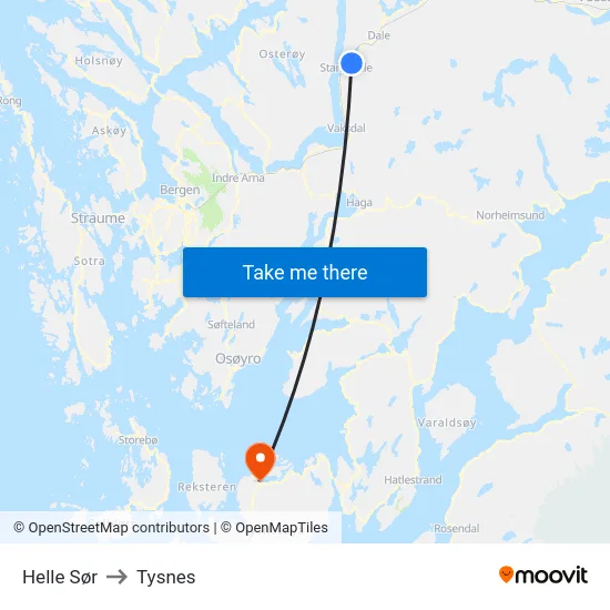 Helle Sør to Tysnes map