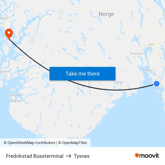 Fredrikstad Bussterminal to Tysnes map