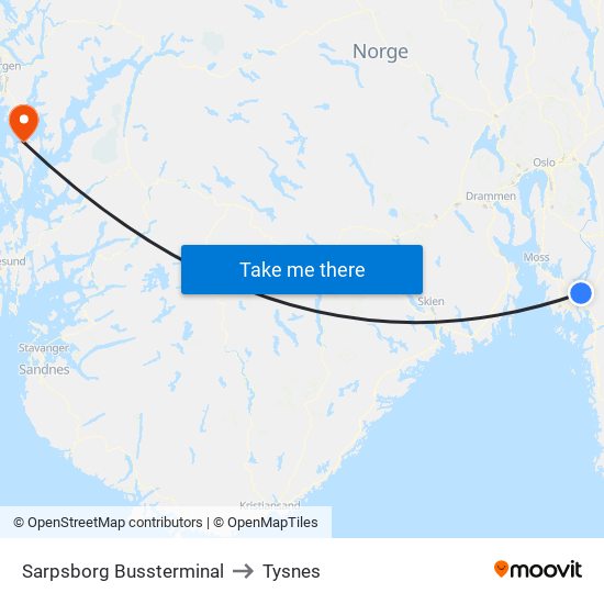 Sarpsborg Bussterminal to Tysnes map