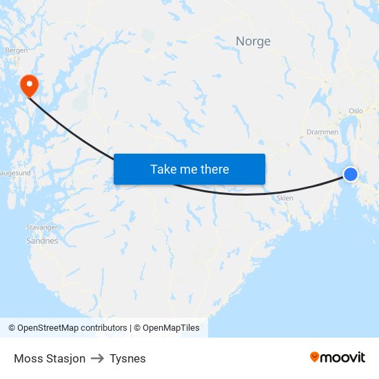 Moss Stasjon to Tysnes map