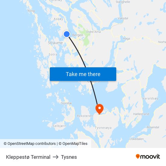 Kleppestø Terminal to Tysnes map