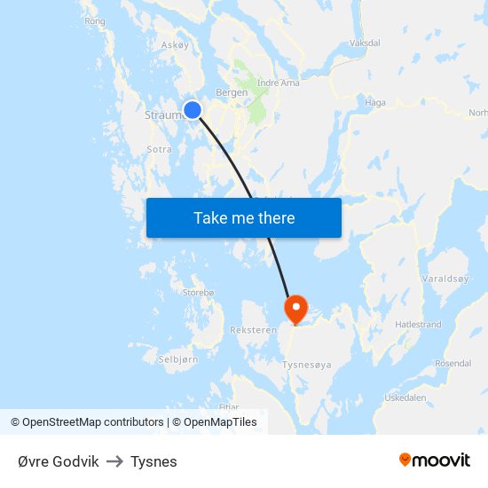 Øvre Godvik to Tysnes map