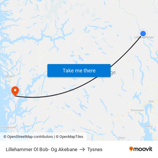 Lillehammer Ol Bob- Og Akebane to Tysnes map