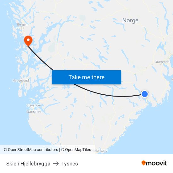 Skien Hjellebrygga to Tysnes map