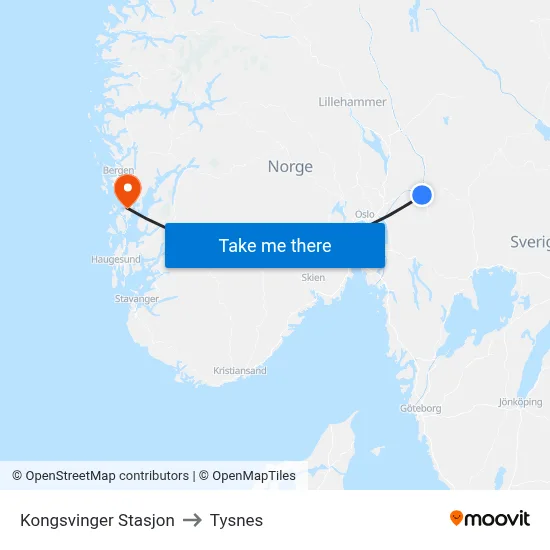 Kongsvinger Stasjon to Tysnes map