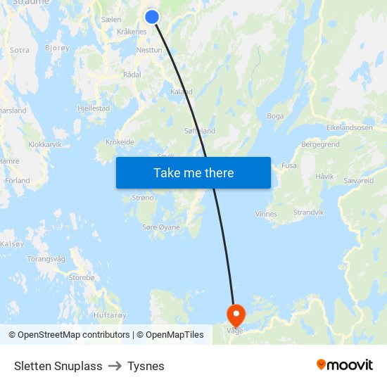 Sletten Snuplass to Tysnes map