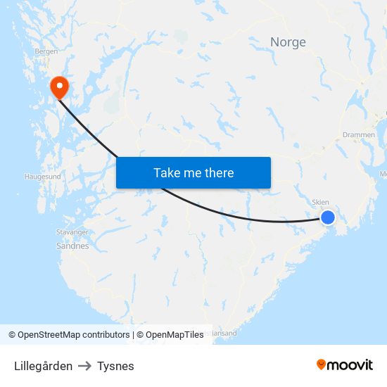 Lillegården to Tysnes map