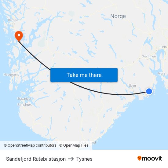 Sandefjord Rutebilstasjon to Tysnes map