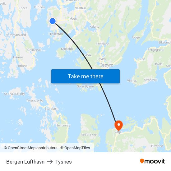 Bergen Lufthavn to Tysnes map